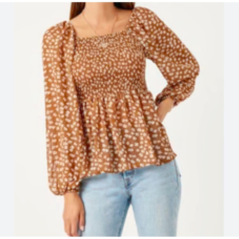 Hayden Los Angeles Smocked Peplum Top‎ Brown Floral Long Sleeve Square Neck L